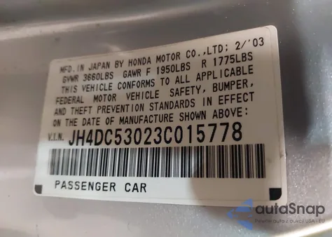 2003 Acura Rsx Type S z USA, uszkodzony, nr VIN JH4DC53023C015778